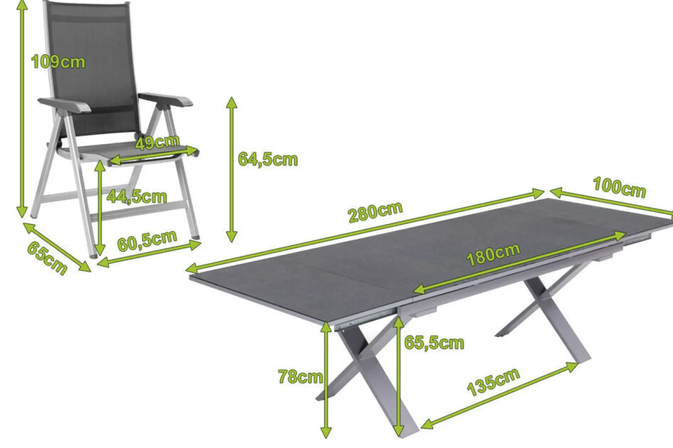 KETTLER BasicPlus Garten-Essgruppe, silber / anthrazit, Alu / Spraystone / Textil, Tisch 180/280x100cm, 6 Klappstühle