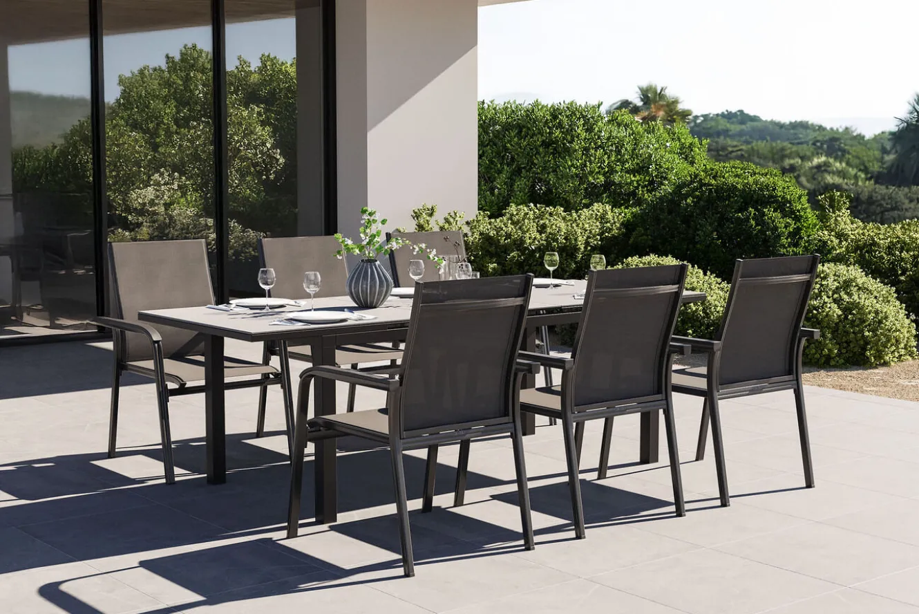 KETTLER BasicPlus Premium Garten-Essgruppe, anthrazit, Alu/Spraystone, Tisch 180/240x90 cm, 6 Stapelsessel