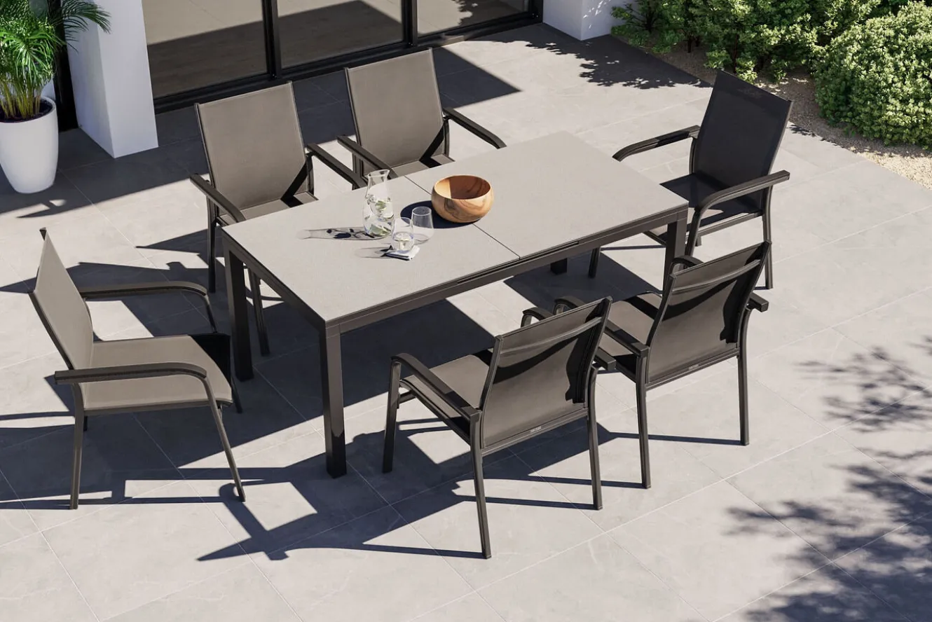 KETTLER BasicPlus Premium Garten-Essgruppe, anthrazit, Alu/Spraystone, Tisch 180/240x90 cm, 6 Stapelsessel