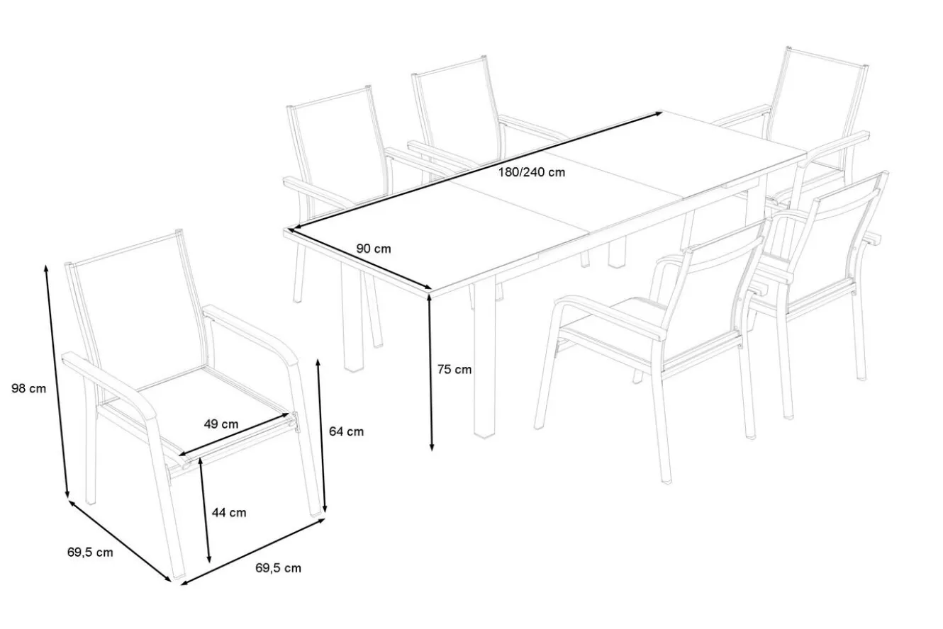 KETTLER BasicPlus Premium Garten-Essgruppe, anthrazit, Alu/Spraystone, Tisch 180/240x90 cm, 6 Stapelsessel