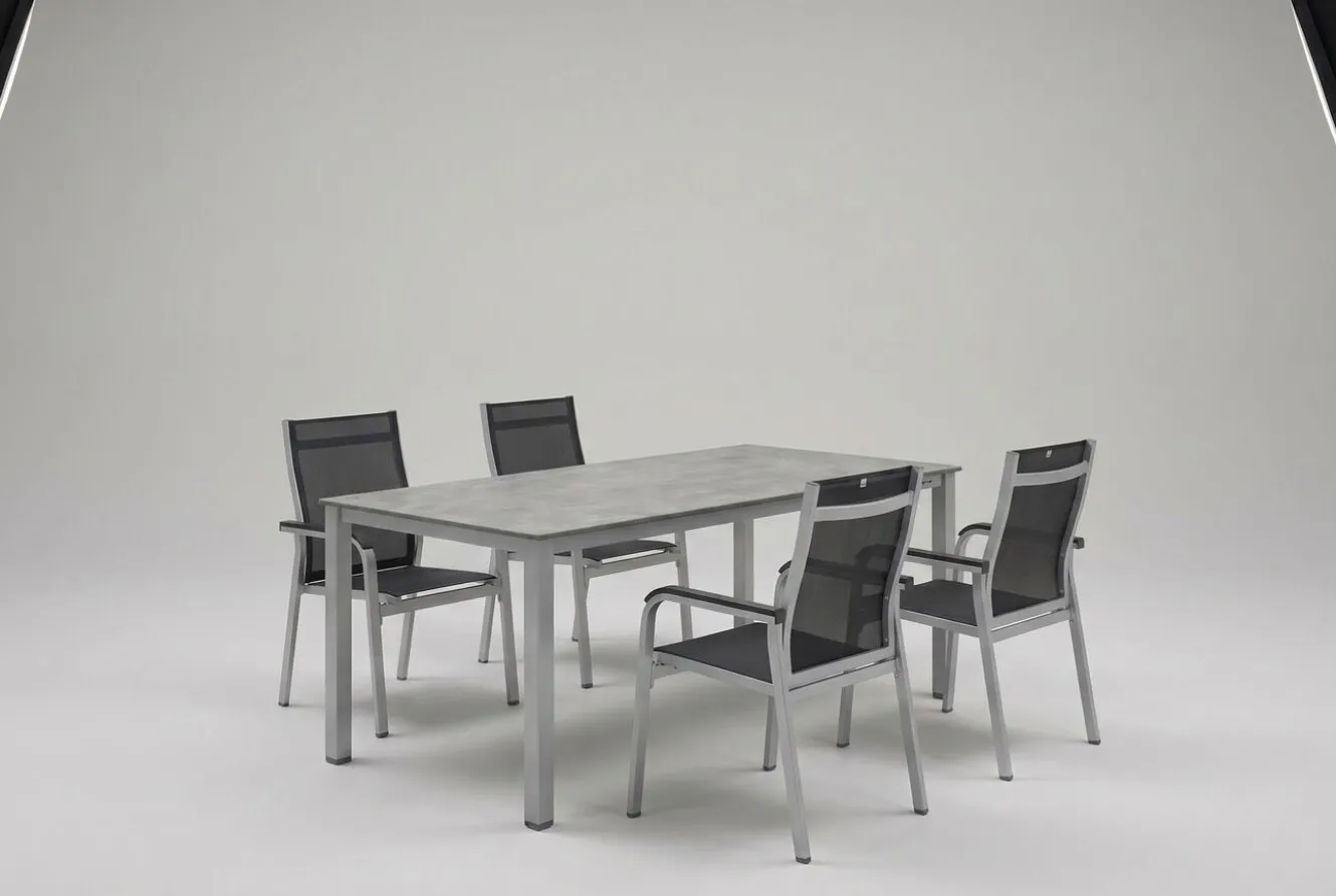 KETTLER BasicPlus Premium Garten-Essgruppe, silber, Alu, Tisch 160x90 cm, 4 Stapelsessel