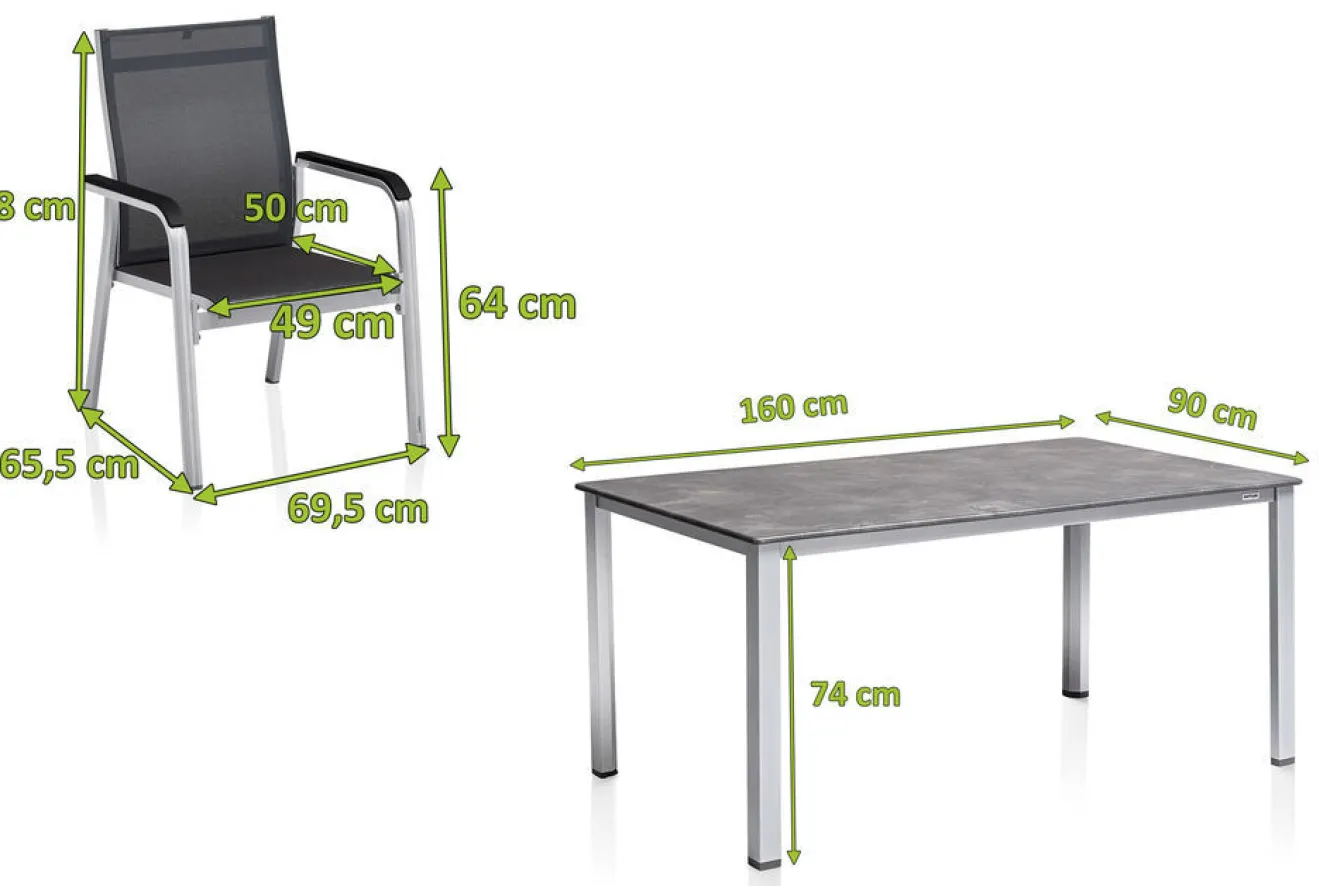 KETTLER BasicPlus Premium Garten-Essgruppe, silber, Alu, Tisch 160x90 cm, 4 Stapelsessel