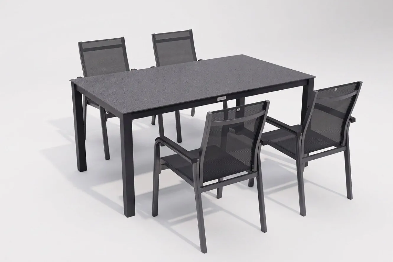 KETTLER BasicPlus Premium Garten-Essgruppe, anthrazit, Alu/Spraystone, Tisch 160x95 cm, 4 Stapelsessel