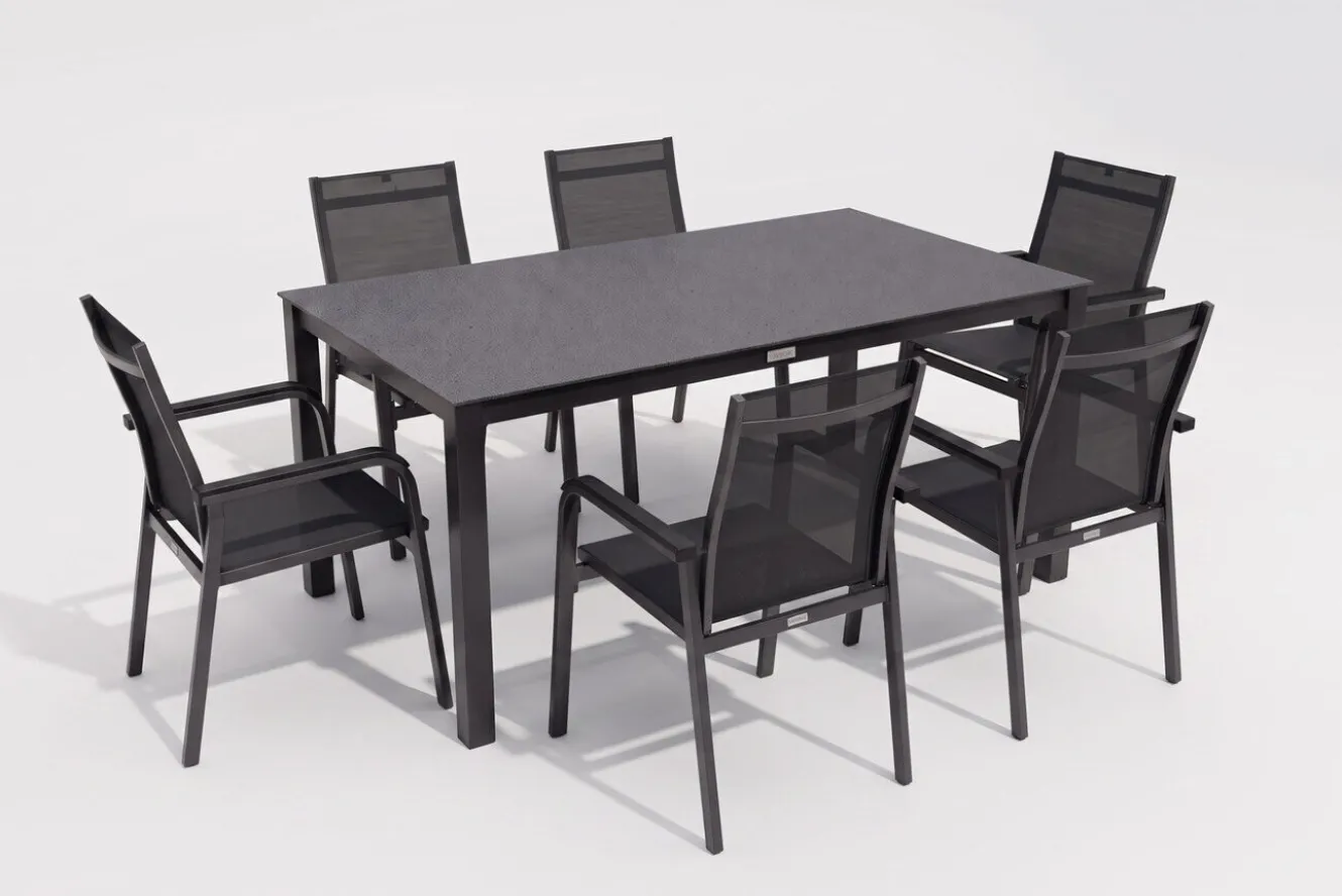 KETTLER BasicPlus Premium Garten-Essgruppe, anthrazit, Alu/Spraystone, Tisch 160x95 cm, 6 Stapelsessel
