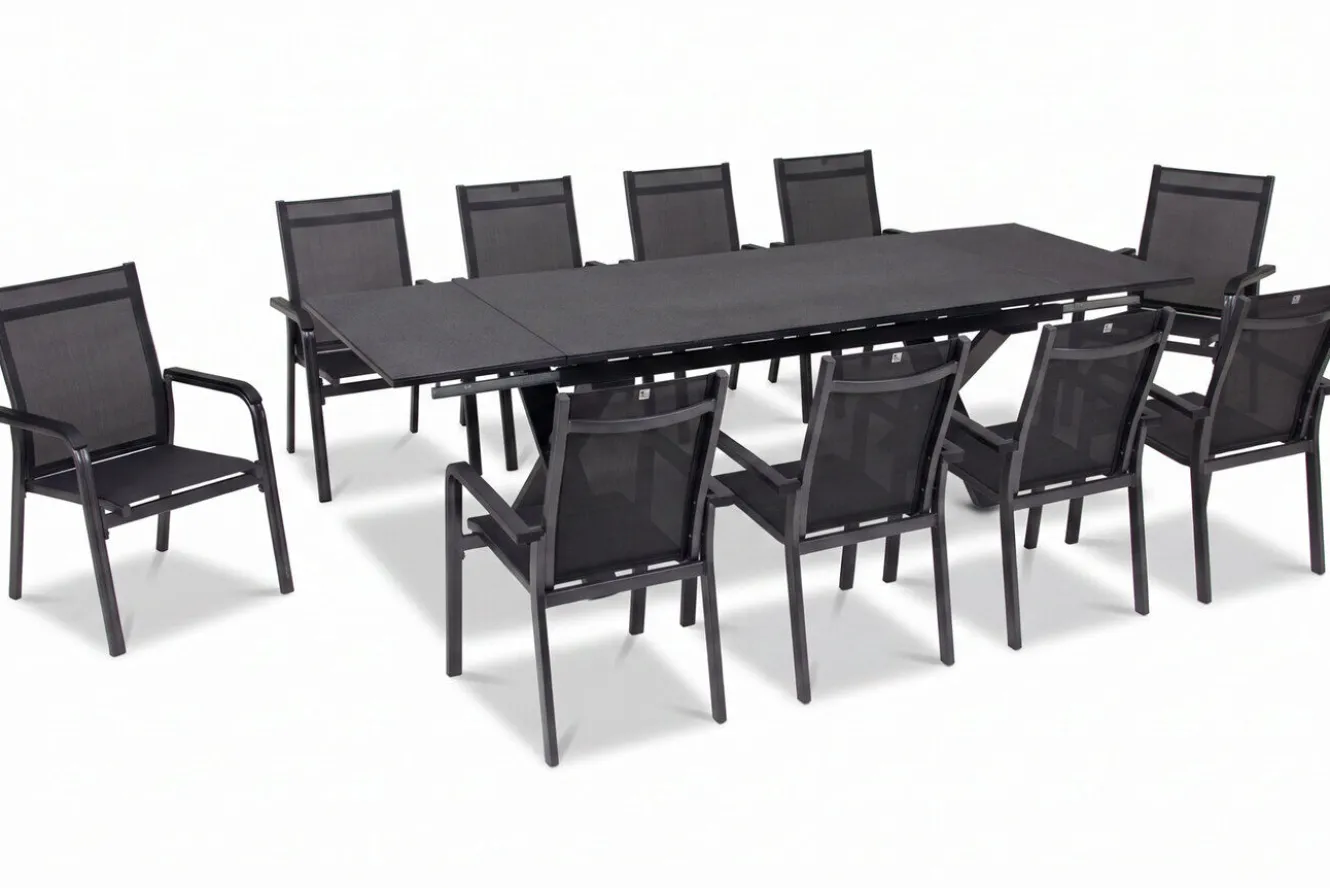 KETTLER BasicPlus Premium Garten-Essgruppe, anthr., Alu/Spraystone, Tisch 180/280 cm, 10 Stapelsessel