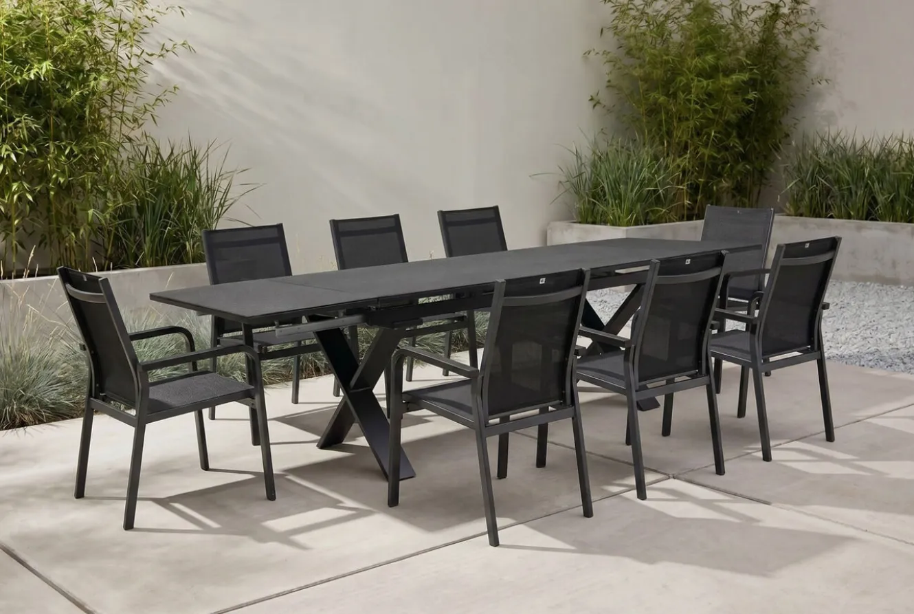 KETTLER BasicPlus Premium Garten-Essgruppe, anthr., Alu/Spraystone, Tisch 180/280 cm, 8 Stapelsessel