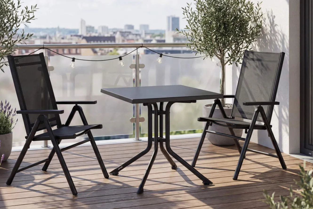 KETTLER BasicPlus Pro Balkon-Set, anthrazit, Aluminium/KETTALUX/Textilene, Tisch 70 x 70 cm, 2 Klappstühle, ergonomisch