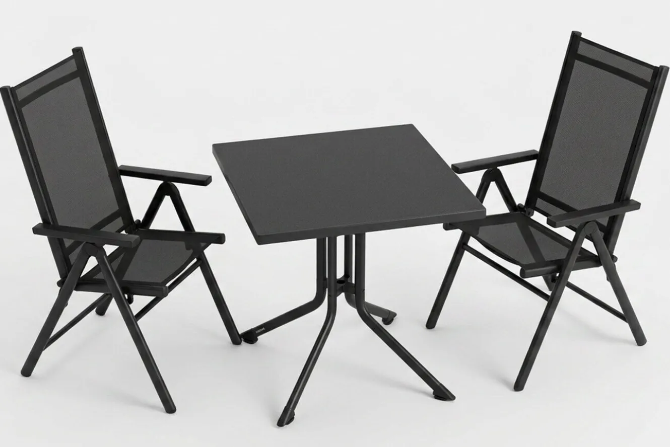 KETTLER BasicPlus Pro Balkon-Set, anthrazit, Aluminium/KETTALUX/Textilene, Tisch 70 x 70 cm, 2 Klappstühle, ergonomisch