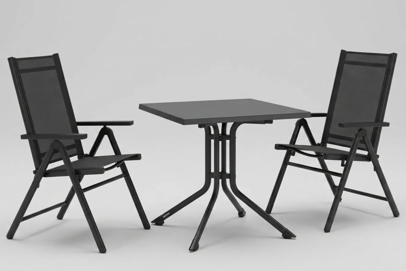 KETTLER BasicPlus Pro Balkon-Set, anthrazit, Aluminium/KETTALUX/Textilene, Tisch 70 x 70 cm, 2 Klappstühle, ergonomisch