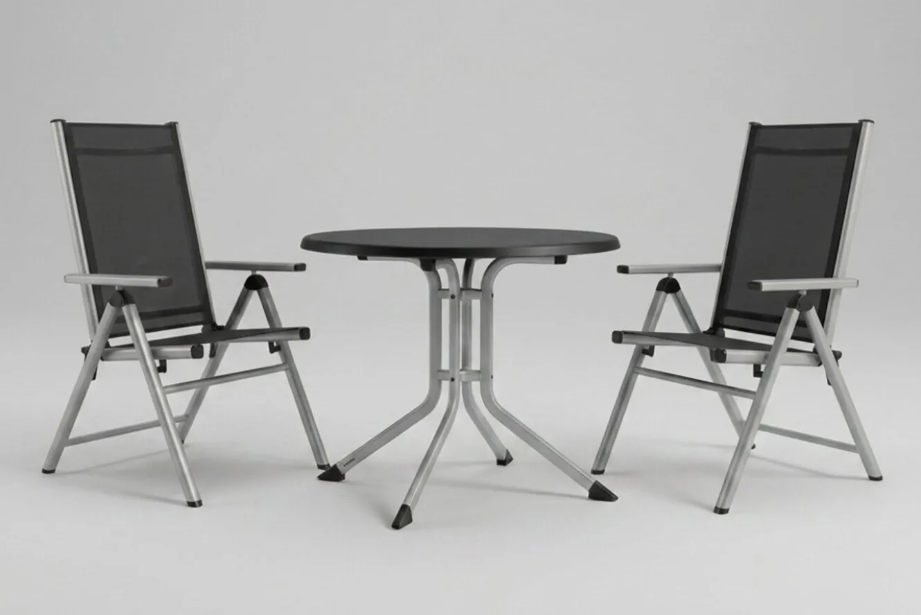 KETTLER BasicPlus Pro Balkon-Set, silber/anthrazit, Aluminium/Textilene/KETTALUX, Tisch Ø 70 cm, klappbar, pflegeleicht
