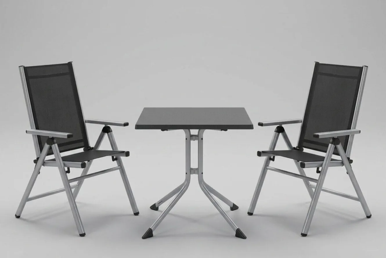 KETTLER BasicPlus Pro Balkon-Set, silber/anthrazit, Aluminium/KETTALUX/Textilene, Tisch 70 x 70 cm, 2 Klappstühle