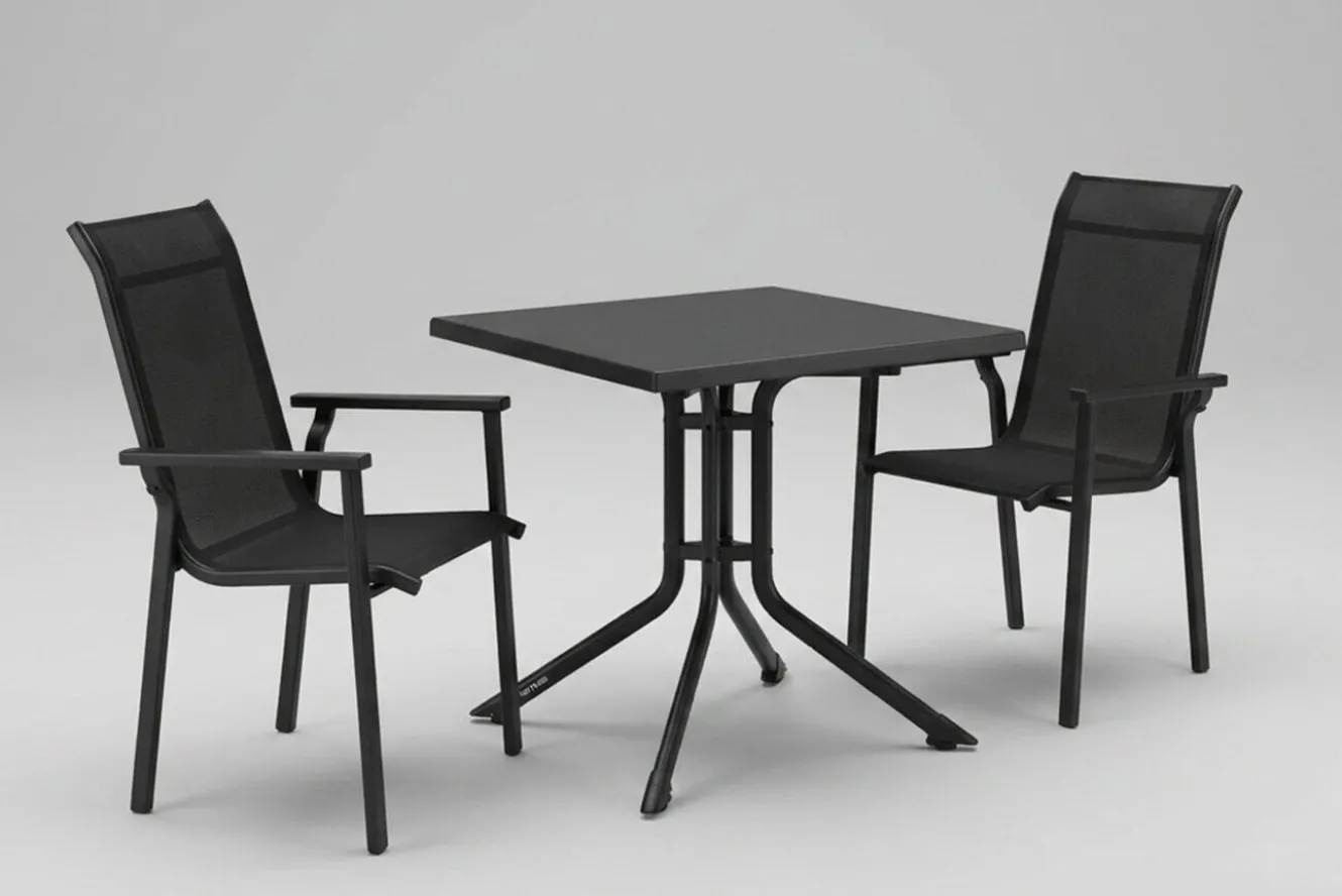 KETTLER BasicPlus Pro Balkon-Set, anthrazit, Aluminium/KETTALUX/Textilene, Tisch 70 x 70 cm, 2 Stapelsessel, robust