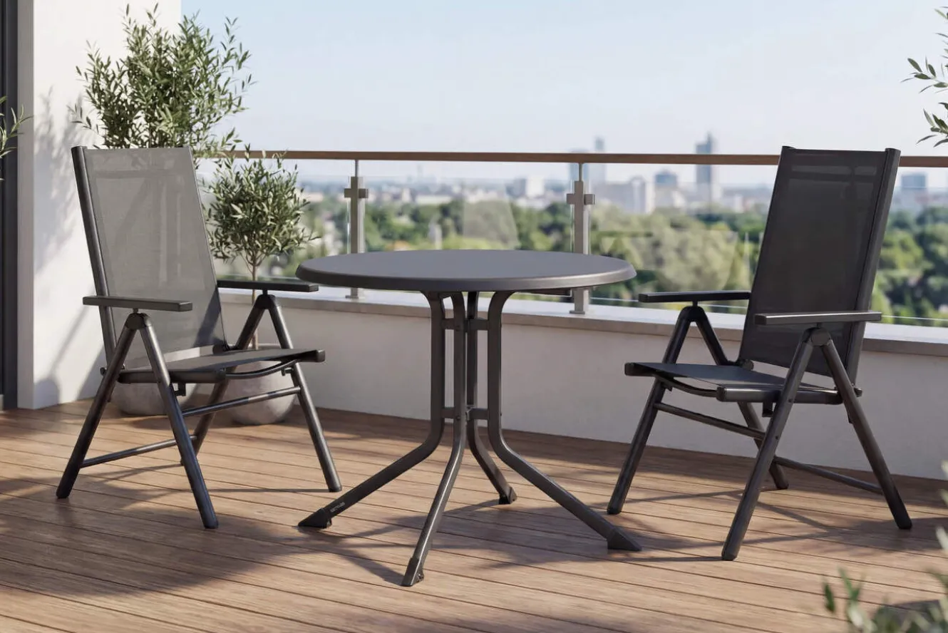 KETTLER BasicPlus Pro Balkon-Set, anthrazit, Aluminium/KETTALUX/Textilene, Tisch Ø 70 cm, 2 Klappstühle, schmutzabweisend