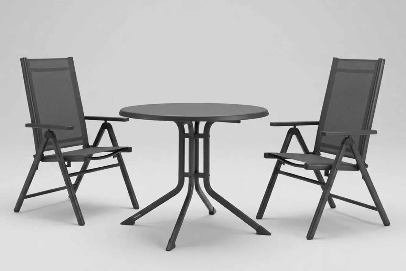 KETTLER BasicPlus Pro Balkon-Set, anthrazit, Aluminium/KETTALUX/Textilene, Tisch Ø 70 cm, 2 Klappstühle, schmutzabweisend