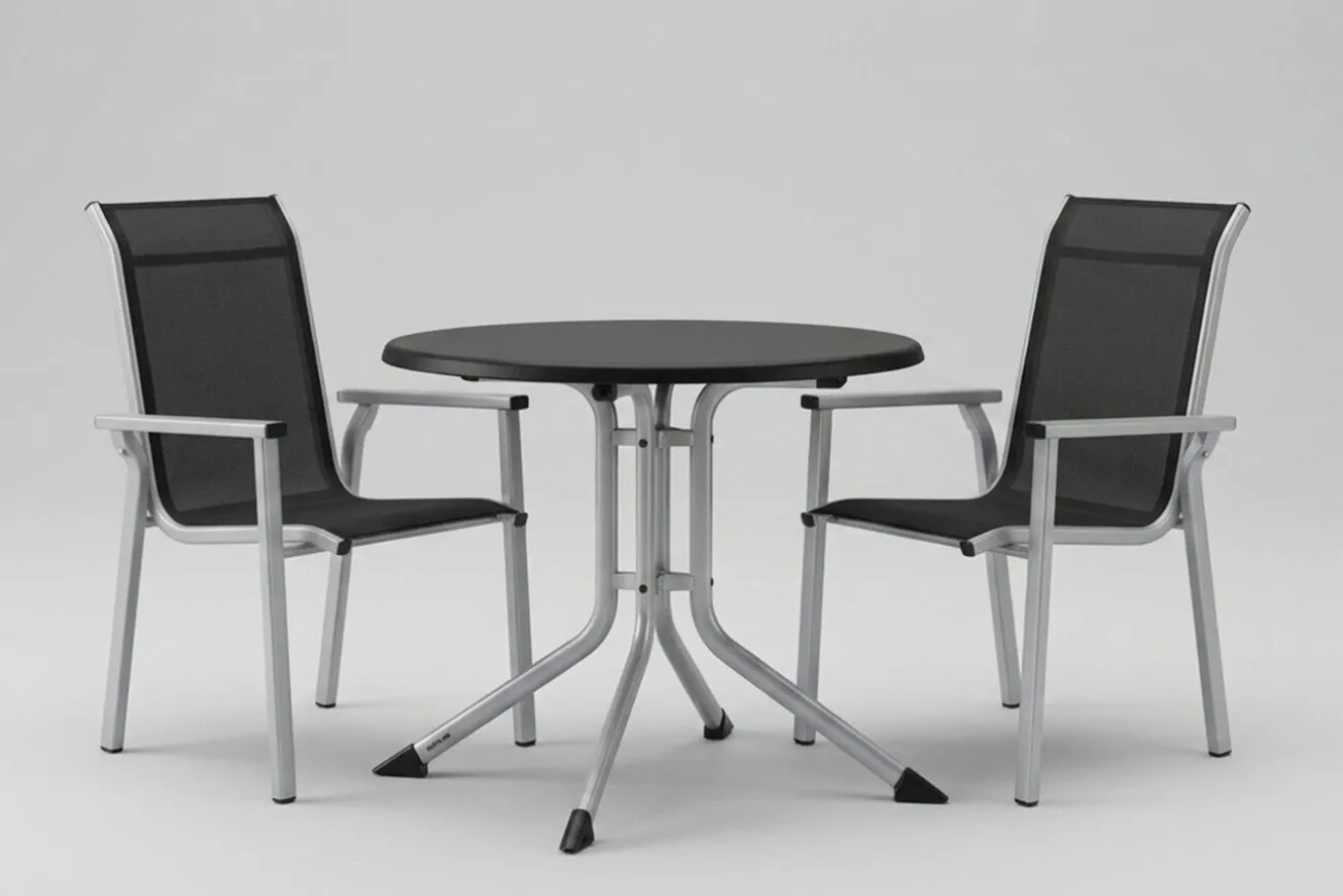 KETTLER BasicPlus Pro Balkon-Set, silber/anthrazit, Aluminium/Textilene/KETTALUX, Tisch Ø 70 cm, klappbar, 2 Stapelsessel