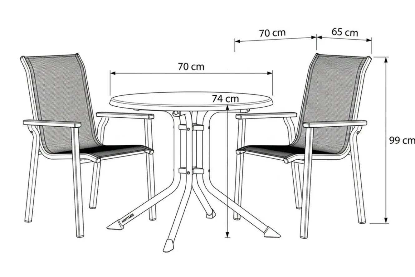KETTLER BasicPlus Pro Balkon-Set, silber/anthrazit, Aluminium/Textilene/KETTALUX, Tisch Ø 70 cm, klappbar, 2 Stapelsessel