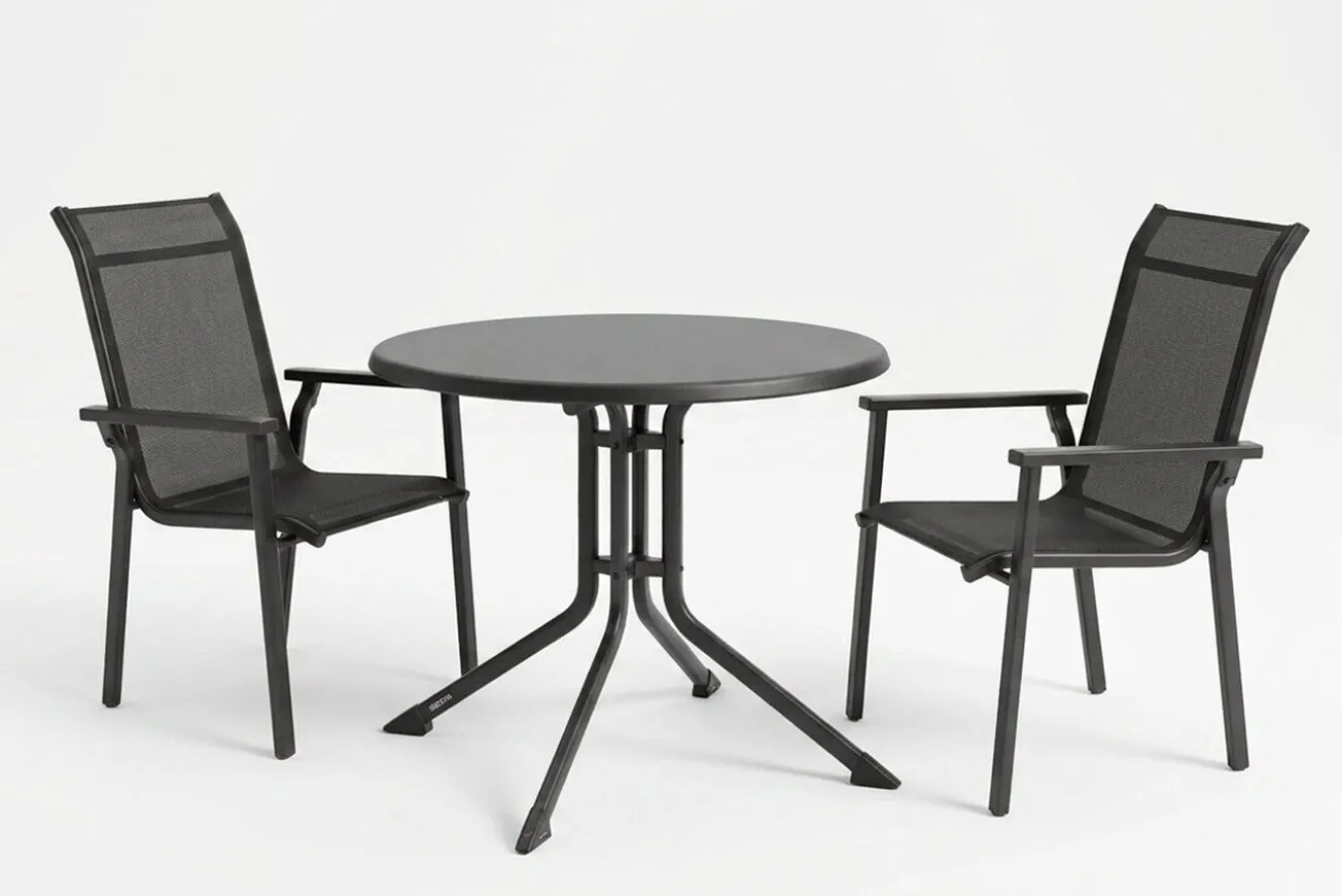 KETTLER BasicPlus Pro Balkon-Set, anthrazit, Aluminium/KETTALUX/Textilene, Tisch Ø 70 cm, rund, 2 Stapelsessel
