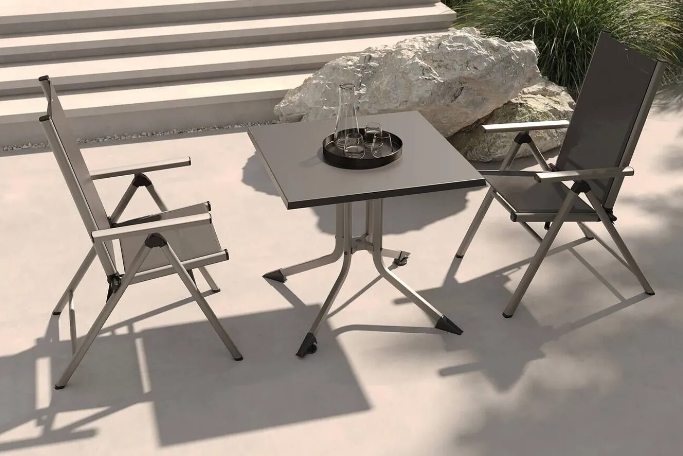 KETTLER BasicPlus Pro Balkon-Set, silber/anthrazit, Alu/Textilene, Tisch 80 x 80 cm, 2 Klappstühle