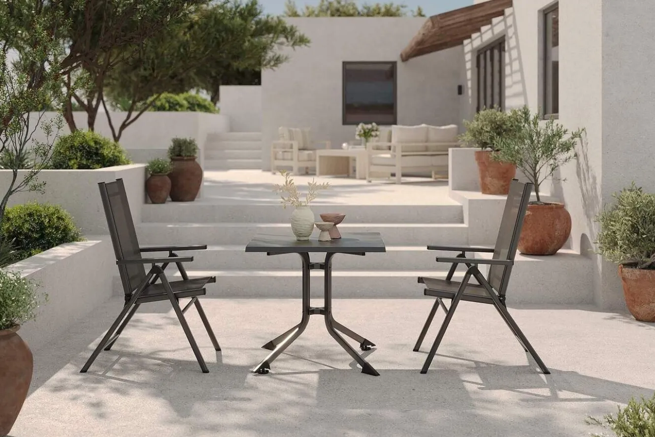 KETTLER BasicPlus Pro Balkon-Set, anthrazit, Alu/Textilene, Tischplatte klappbar 80 x 80 cm, 2 Klappstühle, geeignet für Balkone