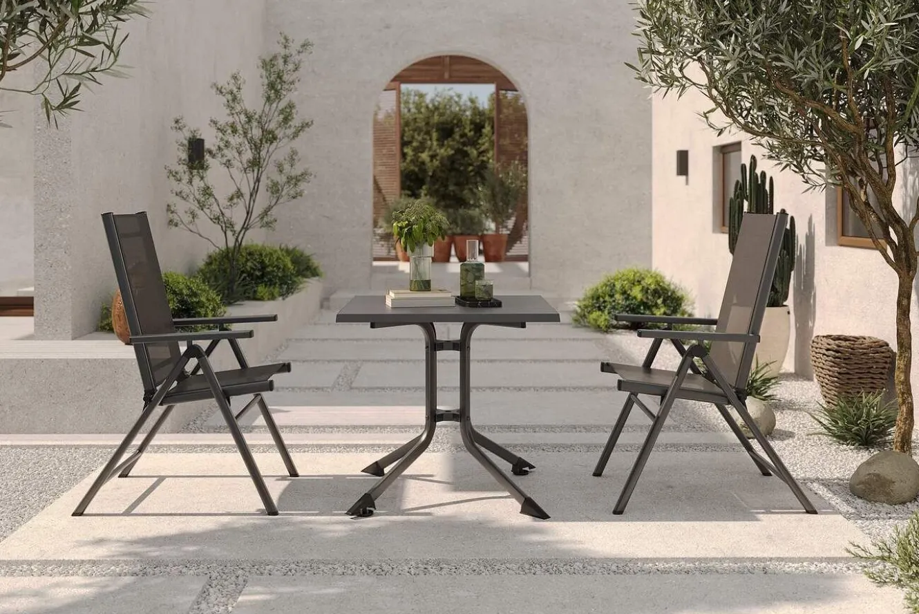 KETTLER BasicPlus Pro Balkon-Set, anthrazit, Alu/Textilene, Tischplatte klappbar 80 x 80 cm, 2 Klappstühle, geeignet für Balkone