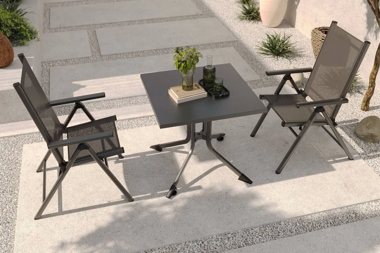 KETTLER BasicPlus Pro Balkon-Set, anthrazit, Alu/Textilene, Tischplatte klappbar 80 x 80 cm, 2 Klappstühle, geeignet für Balkone