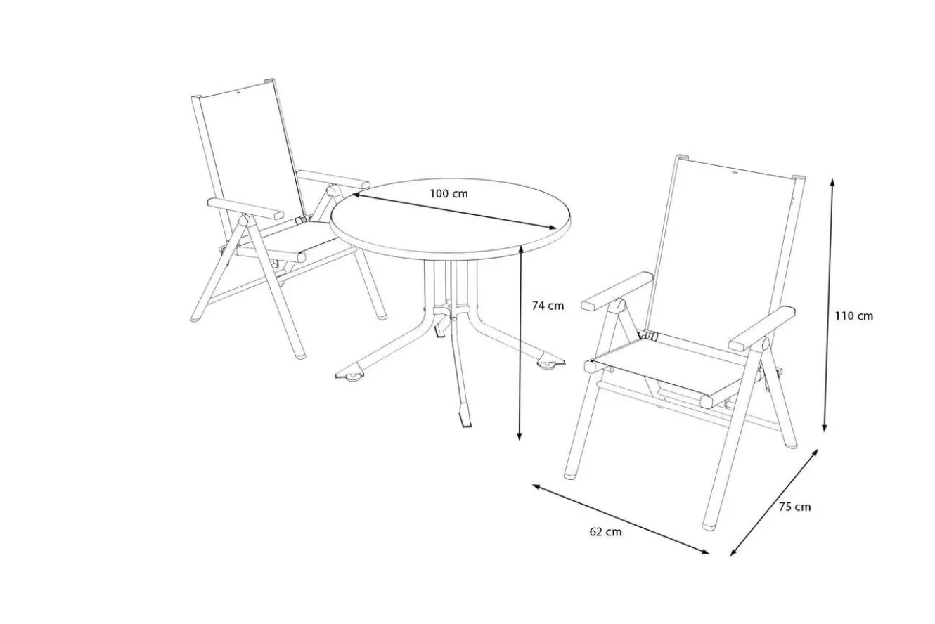 KETTLER BasicPlus Pro Balkon-Set, silber/anthrazit, Alu/Textilene, Tisch Ø100 cm, 2 Klappstühle
