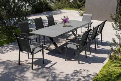 KETTLER BasicPlus Pro Garten-Essgruppe, anthrazit, Alu/Textilene/Spraystone, Tisch 180/280 x 100 cm, 8 Stapelsessel
