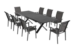 KETTLER BasicPlus Pro Garten-Essgruppe, anthrazit, Alu/Textilene/Spraystone, Tisch 180/280 x 100 cm, 8 Stapelsessel
