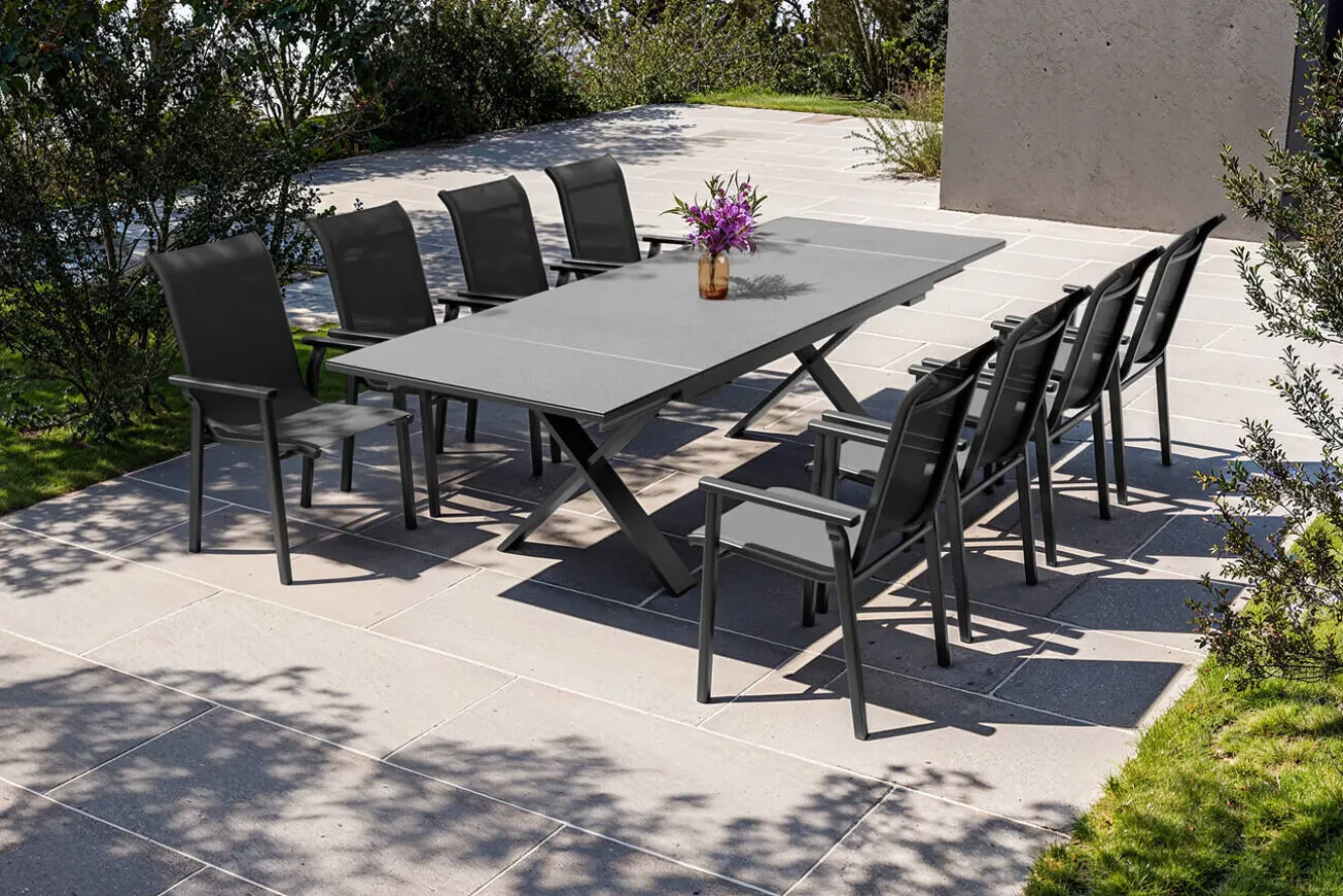 KETTLER BasicPlus Pro Garten-Essgruppe, anthrazit, Alu/Textilene/Spraystone, Tisch 180/280 x 100 cm, 8 Stapelsessel