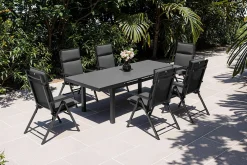 KETTLER BasicPlus Pro Garten-Essgruppe, anthrazit, Alu/Textilene/Glas, Tisch ausziehbar 180/240 cm, 6 Klappstühle inkl. Auflagen