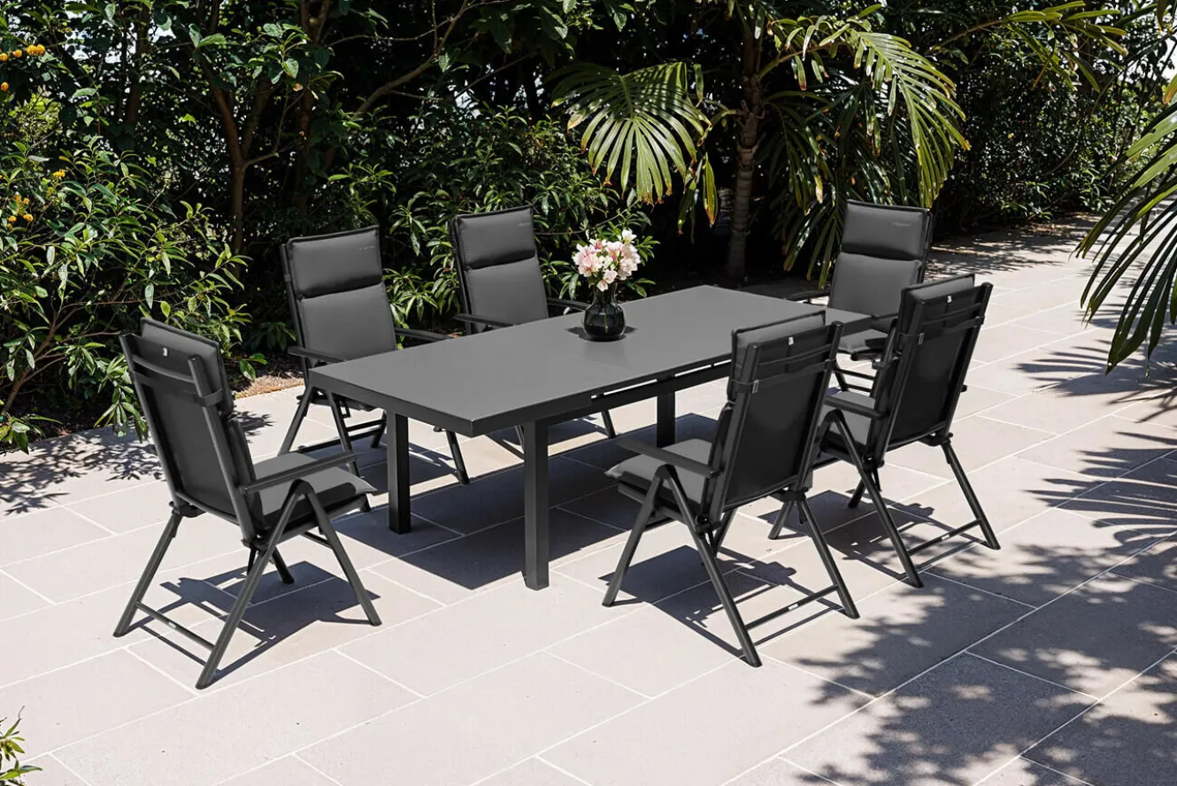 KETTLER BasicPlus Pro Garten-Essgruppe, anthrazit, Alu/Textilene/Glas, Tisch ausziehbar 180/240 cm, 6 Klappstühle inkl. Auflagen