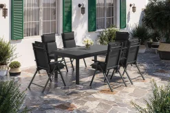 KETTLER BasicPlus Pro Garten-Essgruppe, anthrazit, Alu/Textilene/Glas, Tisch ausziehbar 180/240 cm, 6 Klappstühle inkl. Auflagen