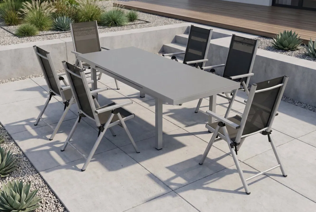 KETTLER BasicPlus Pro Garten-Essgruppe, 6 Personen, ausziehbarer Tisch 180–240 cm, Aluminium/Textilene, Exklusivmodell