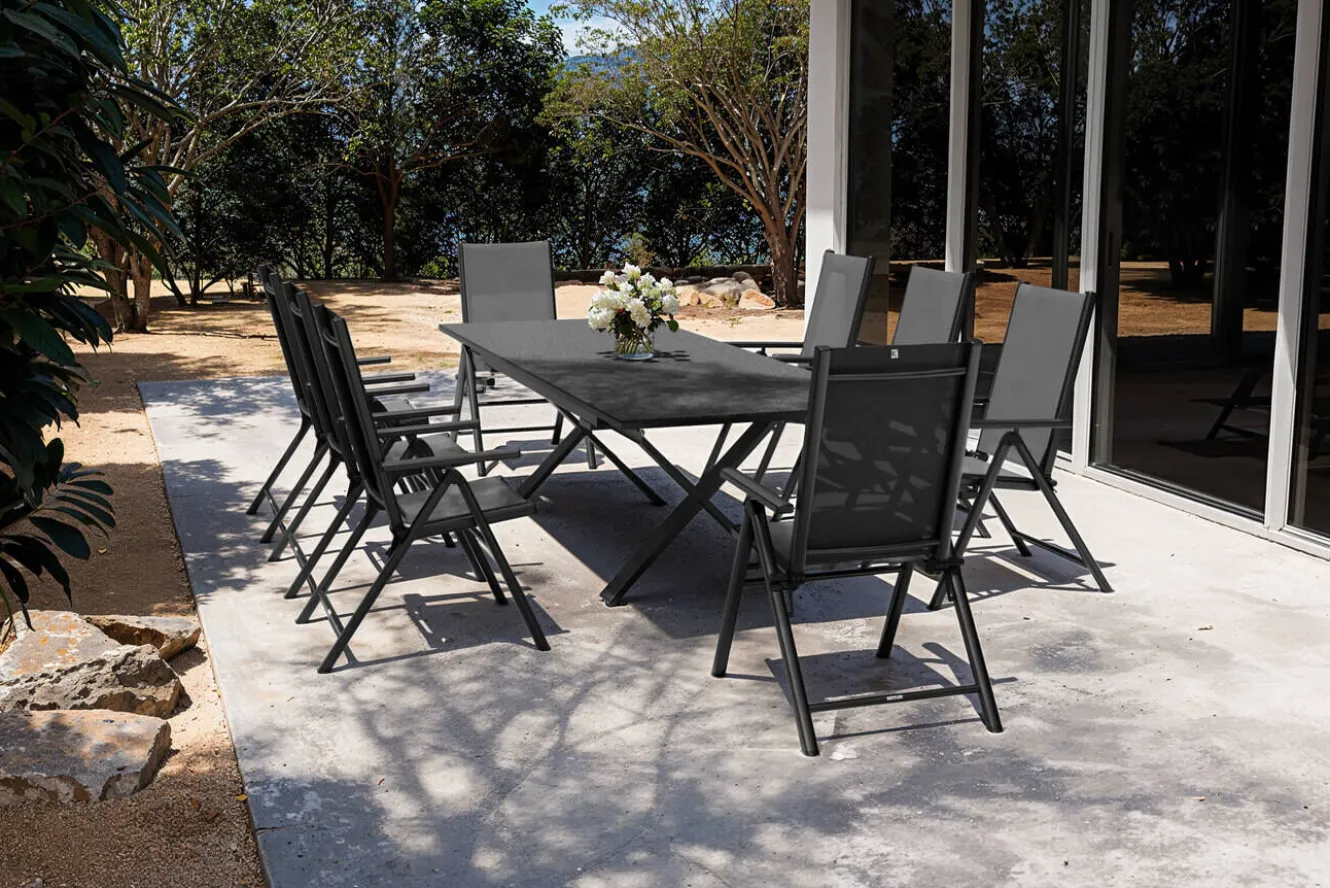 KETTLER BasicPlus Pro Garten-Essgruppe, anthrazit, Alu/Textilene/Spraystone, Tisch ausziehbar 180/280 cm, 8 Klappstühle
