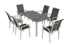 KETTLER BasicPlus Pro Garten-Essgruppe, silber/anthrazit, Alu/Textilene, Tisch 160 x 90 cm, 6 Stapelsessel