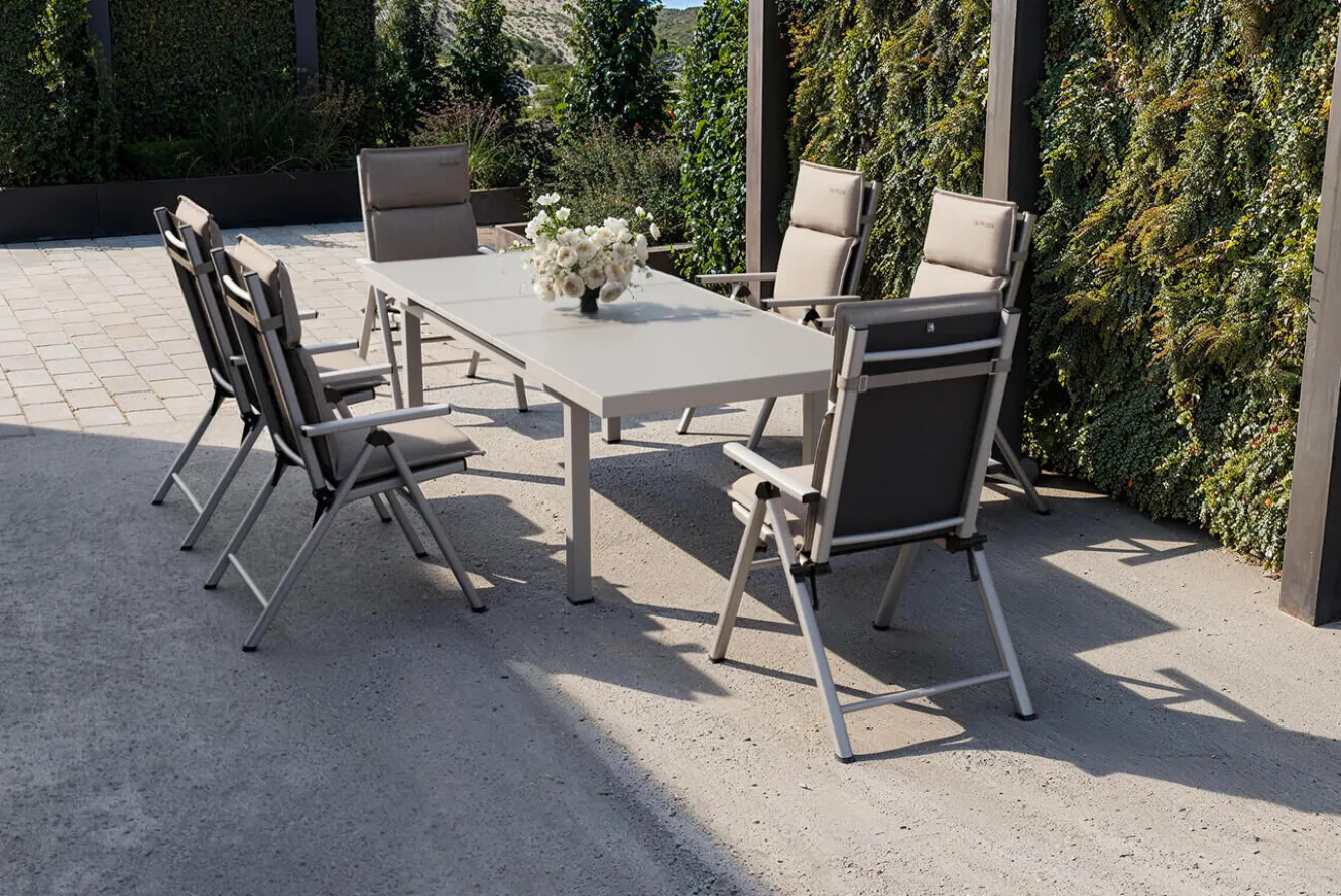 KETTLER BasicPlus Pro Garten-Essgruppe, 6 Personen inkl. Sitzkissen, ausziehbarer Tisch 180–240 cm, Aluminium/Textilene