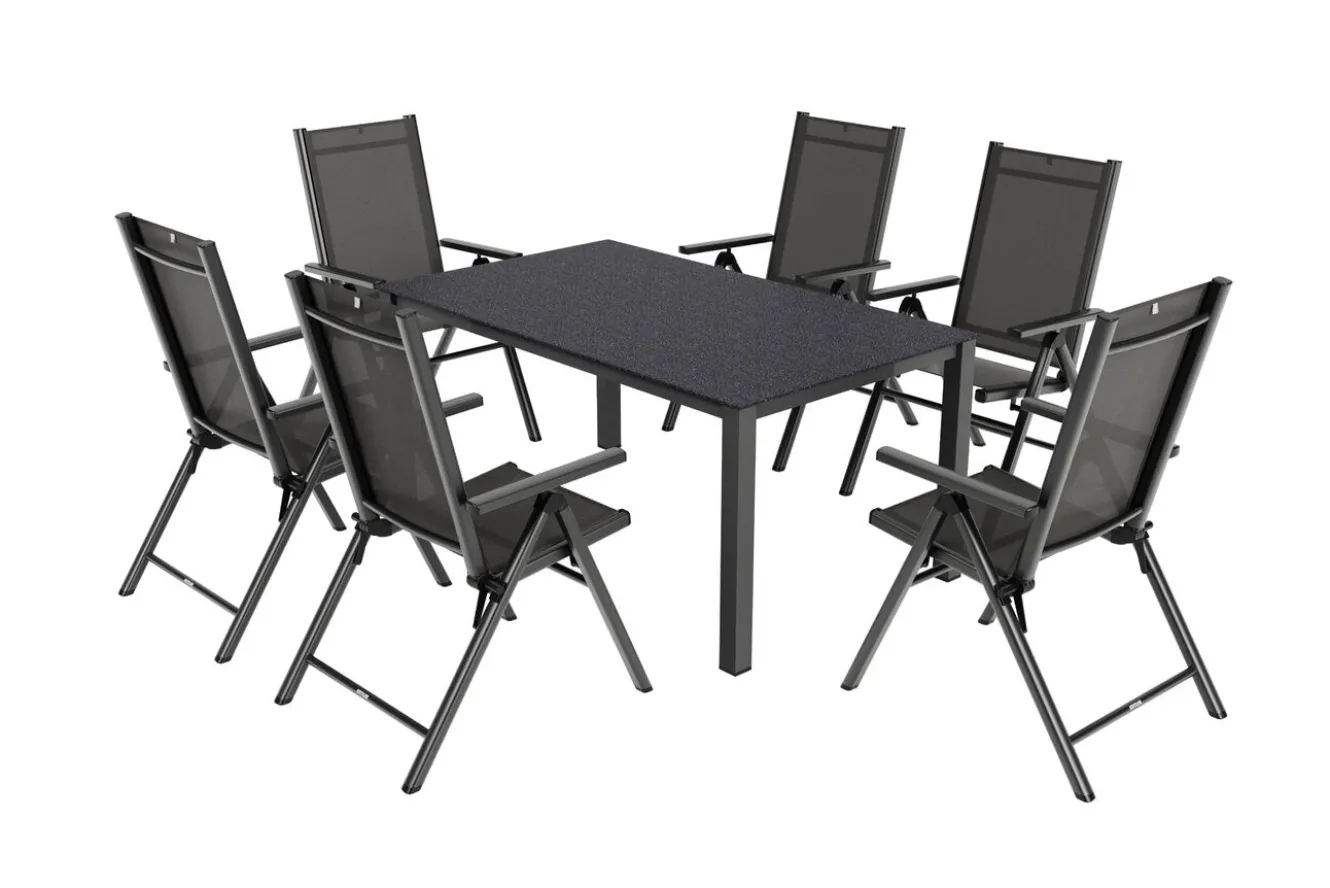 KETTLER BasicPlus Pro Garten-Essgruppe, anthrazit, Alu/Textilene/Spraystone, Tisch 160 x 95 cm, 6 Klappstühle