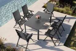KETTLER BasicPlus Pro Garten-Essgruppe, anthrazit, Alu/Textilene/Spraystone, Tisch 160 x 95 cm, 6 Klappstühle