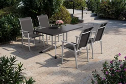 KETTLER BasicPlus Pro Garten-Essgruppe, silber/anthrazit, Alu/Textilene, Klapptisch 140 x 95 cm, 4 Stapelsessel