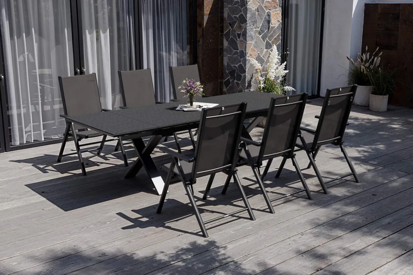 KETTLER BasicPlus Pro Garten-Essgruppe, anthrazit, Alu/Textilene, Tisch ausziehbar 180/280 x 100 cm, 6 Klappstühle