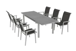 KETTLER BasicPlus Pro Garten-Essgruppe, silber/anthrazit, Alu/Textilene, ausziehbarer Tisch 180/240 x 100 cm, 6 Stapelsessel