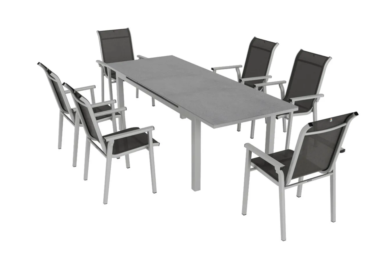 KETTLER BasicPlus Pro Garten-Essgruppe, silber/anthrazit, Alu/Textilene, ausziehbarer Tisch 180/240 x 100 cm, 6 Stapelsessel