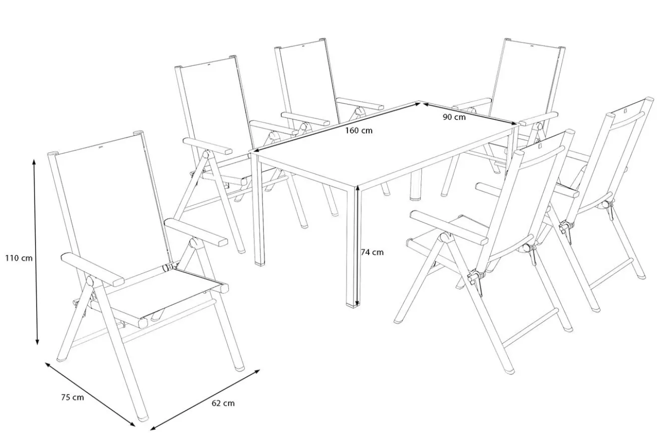 KETTLER BasicPlus Pro Garten-Essgruppe, silber/anthrazit, Alu/Textilene, 160 x 90 cm, 6 Klappstühle