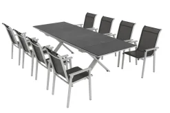 KETTLER BasicPlus Pro Garten-Essgruppe, silber/anthrazit, Alu/Textilene, ausziehbarer Tisch 180/280 x 100 cm, 8 Stapelsessel