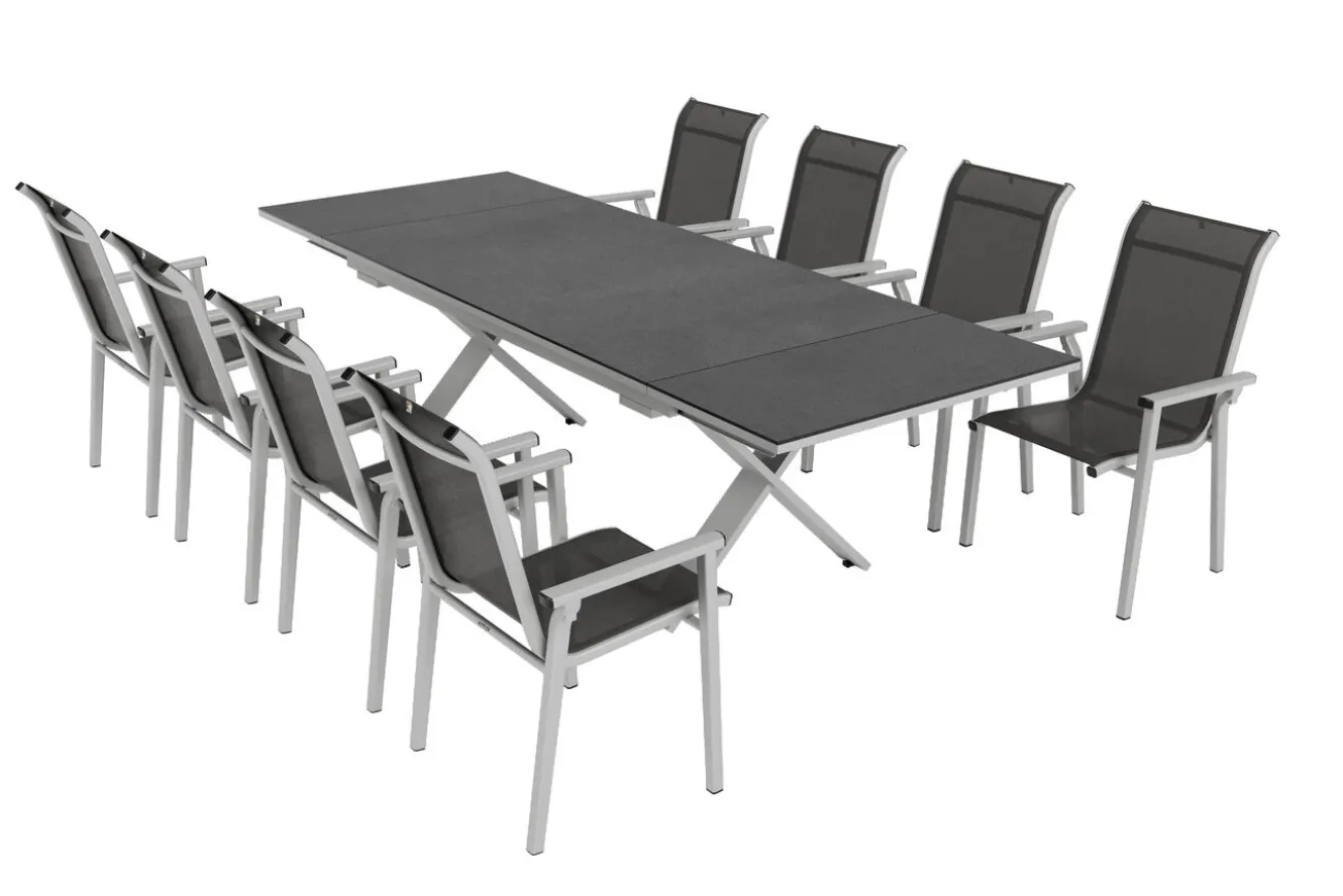 KETTLER BasicPlus Pro Garten-Essgruppe, silber/anthrazit, Alu/Textilene, ausziehbarer Tisch 180/280 x 100 cm, 8 Stapelsessel