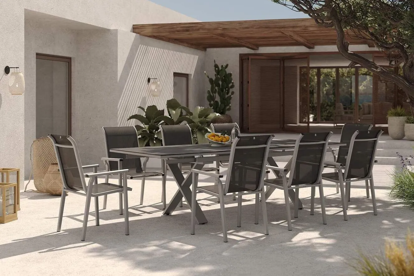KETTLER BasicPlus Pro Garten-Essgruppe, silber/anthrazit, Alu/Textilene, ausziehbarer Tisch 180/280 x 100 cm, 8 Stapelsessel