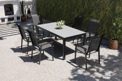 KETTLER BasicPlus Pro Garten-Essgruppe, anthrazit, Alu/Textilene, Tisch 180/240 x 90 cm, 6 Stapelsessel