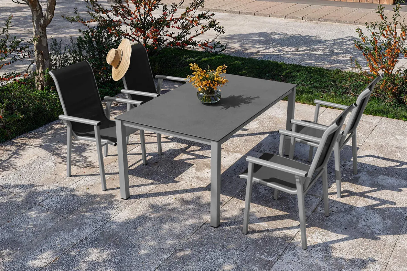 KETTLER BasicPlus Pro Garten-Essgruppe, silber/anthrazit, Alu/Textilene, Esstisch 160 x 95 cm, 4 Stapelsessel