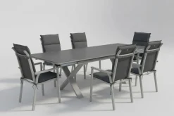KETTLER BasicPlus Pro Garten-Essgruppe, silber/anthrazit, Alu/Polyester/Spraystone, 180/280 x 100 cm, 6 Stapelsessel, inkl. Auflagen