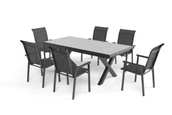 KETTLER BasicPlus Pro Garten-Essgruppe, anthrazit/schwarz, Alu/Textilene/Steinimitat, 200/260 x 100 cm, 6 Stapelstühle